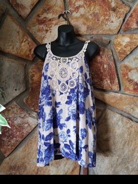 Waverly Blue Floral Crochet-Trim Tank Top